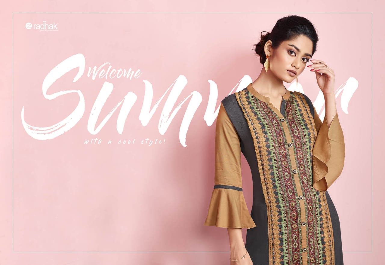radhak fabrics rukmee 8 colorful fancy collection of kurtos at reasonable rate