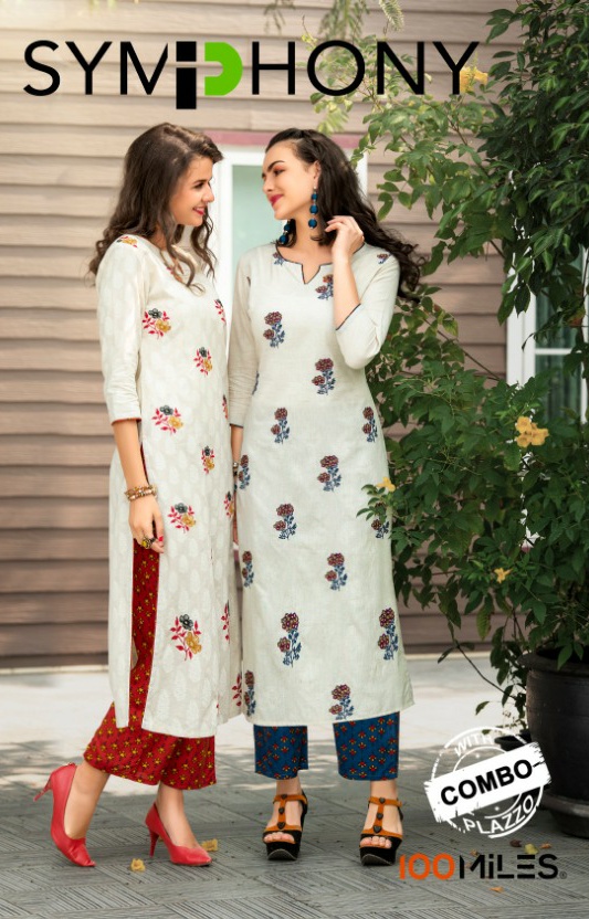 100 miles symphony with bottom combo flax Embroided Kurties with Pallazo