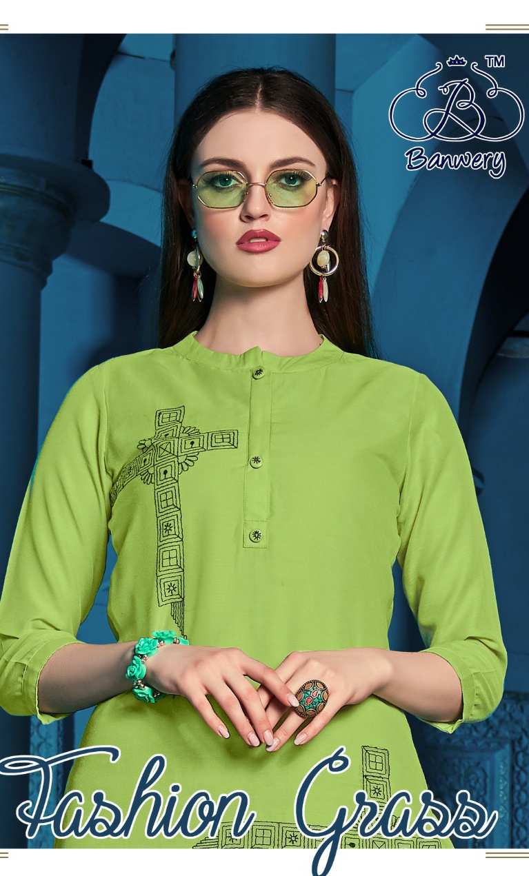 Banwery fashion grass elegant and Modern Trendy viscose Mal cotton with handmade Embroided Kurties