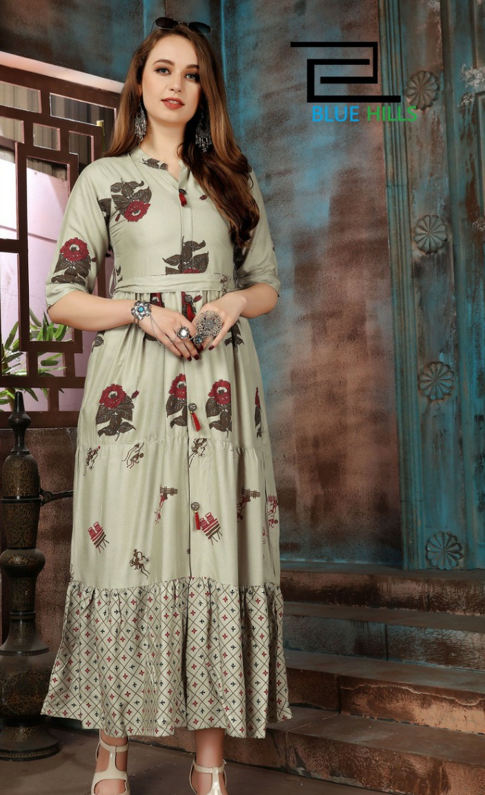 Blue hills bournville vol 2 modern And Stylish look party wear rayon with multi color foil print Kurties