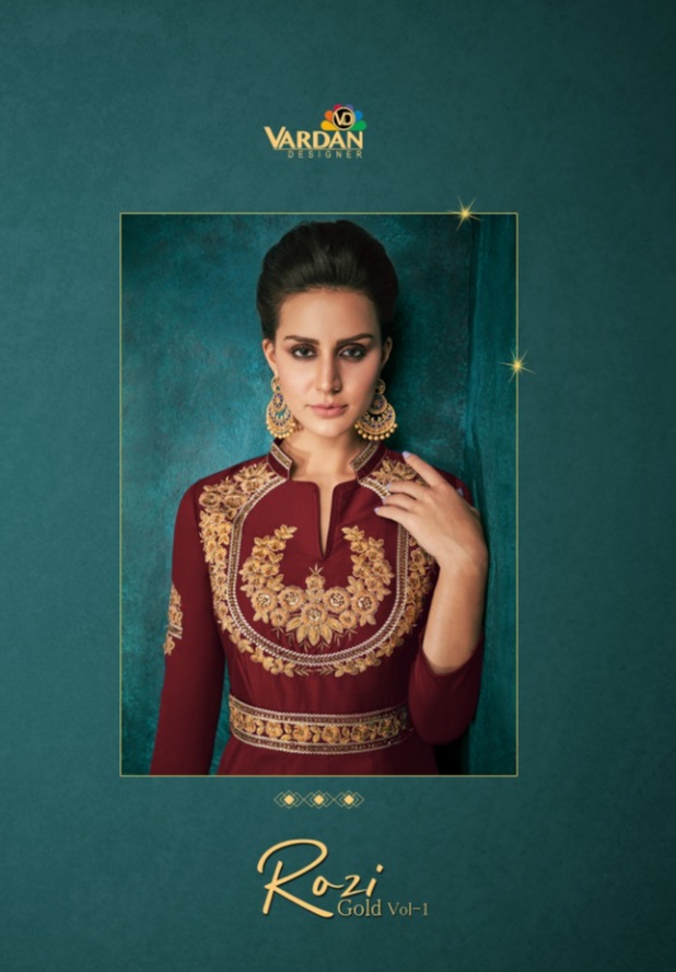 vardan designer Rozi Gold Vol 1 Triva Silk With Heavy Embroidery festive look gown catalog