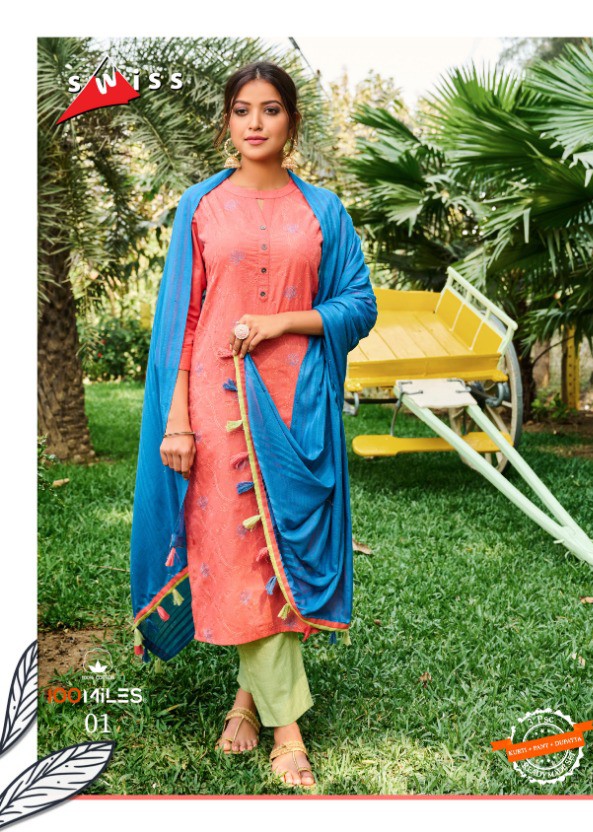 100 milles swiss cotton innovative style  kurtis with pants and dupatta catalog