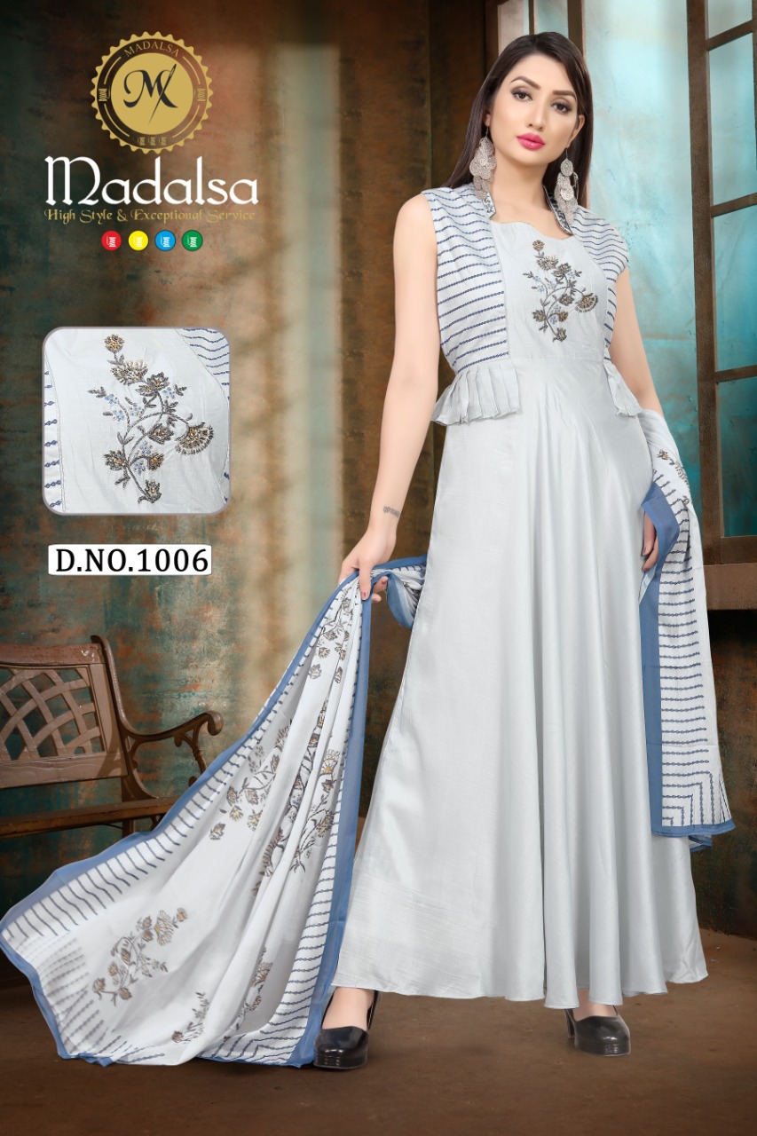 madalsa d no 1006 silk graceful look gown with dupatta catalog