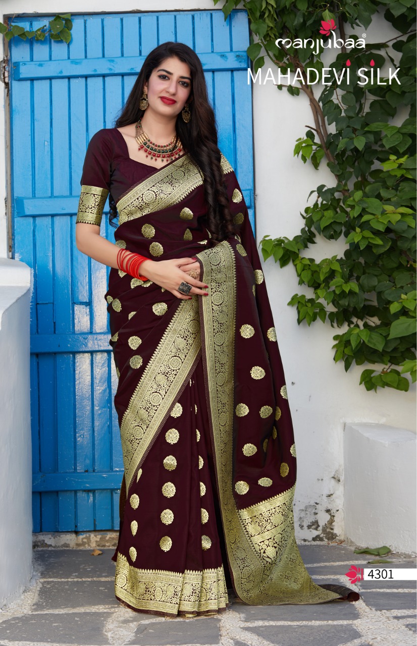 manjubaa mahadevi silk  d no 4301 banarsi silk exclusive look saree single