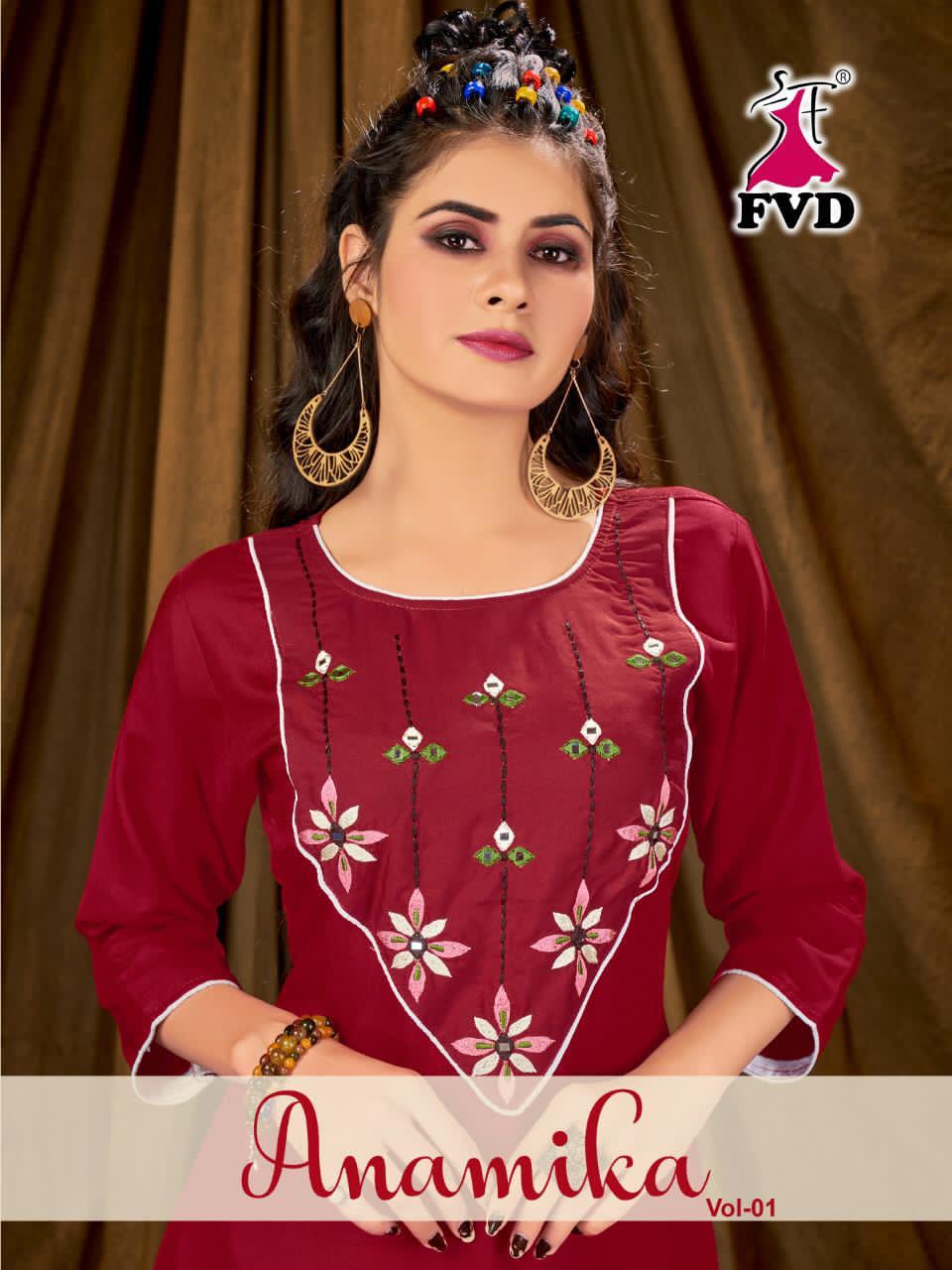 fvd anamika vol 1 rayon decent embroidary look top with bottom catalog