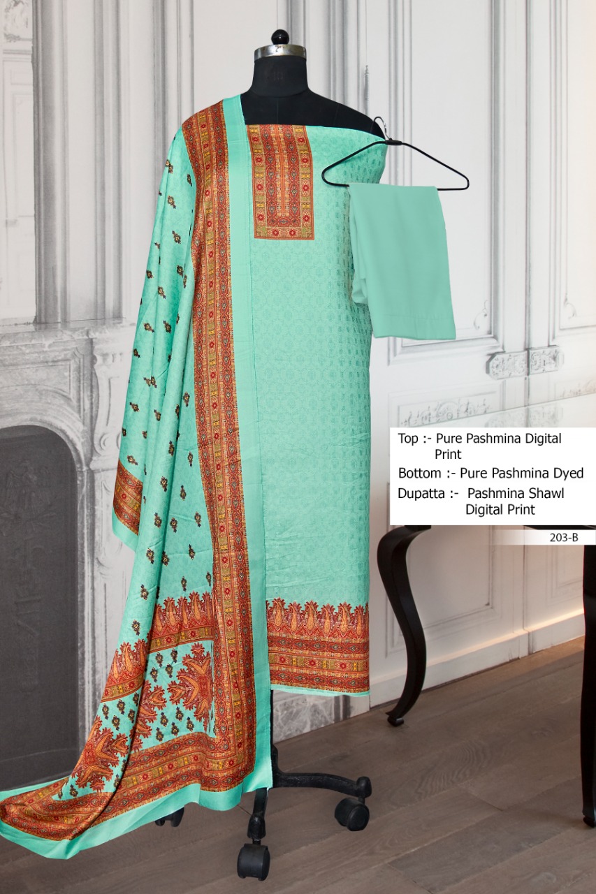 bipson d no 203 pashmina gorgeous look salwar suit colour set