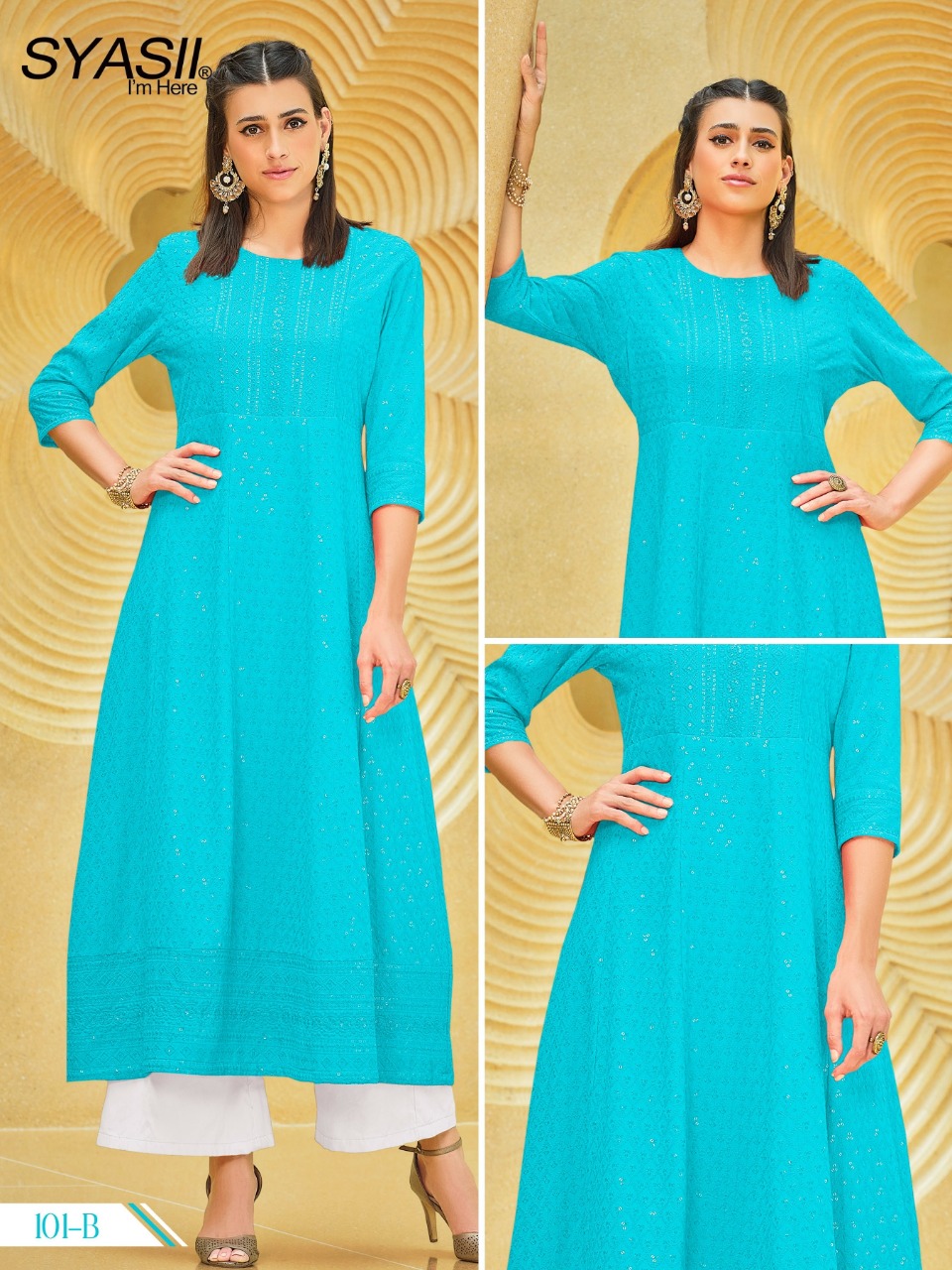 syasii schiffli gown graceful look gown style kurti colour set