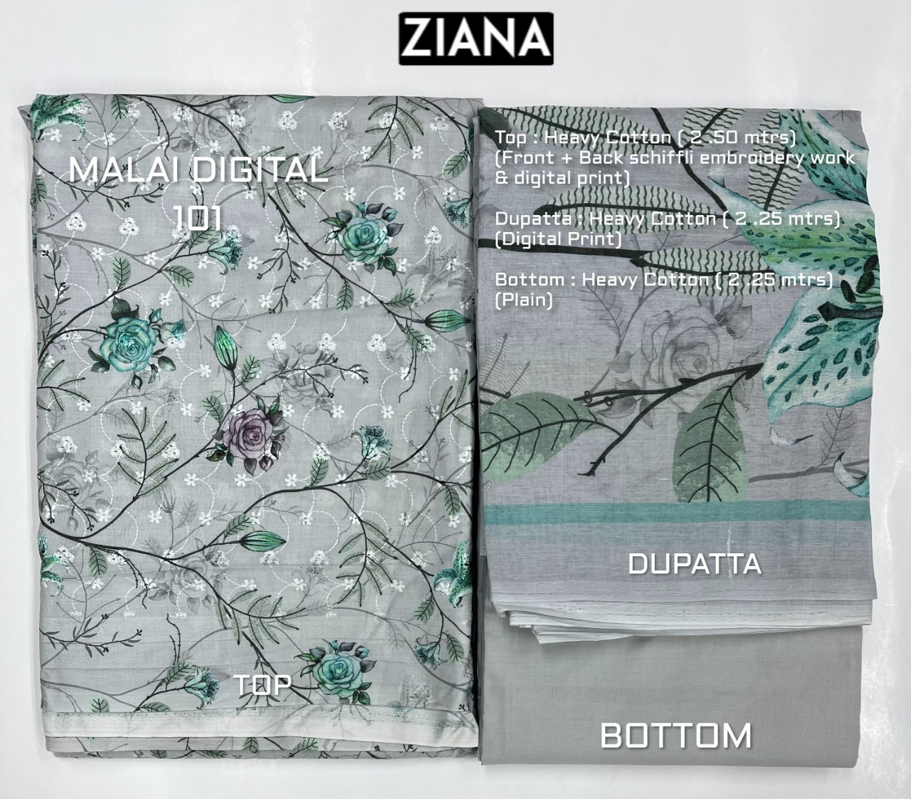 ziana malai digital 101 heavy cotton exclusive look embroidery salwar suit colour set