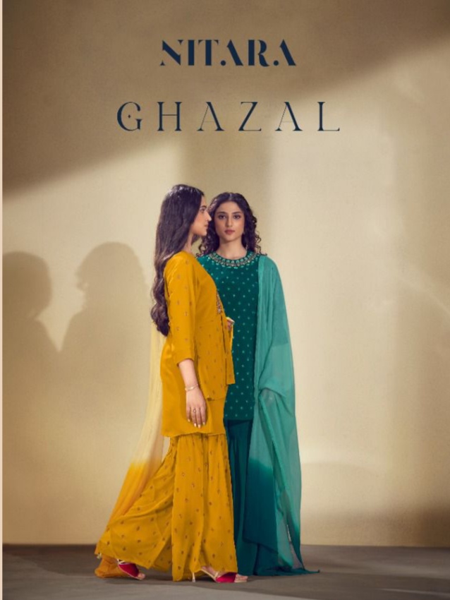 nitra ghazal georgette new and modern style top with sharara and dupatta catalog