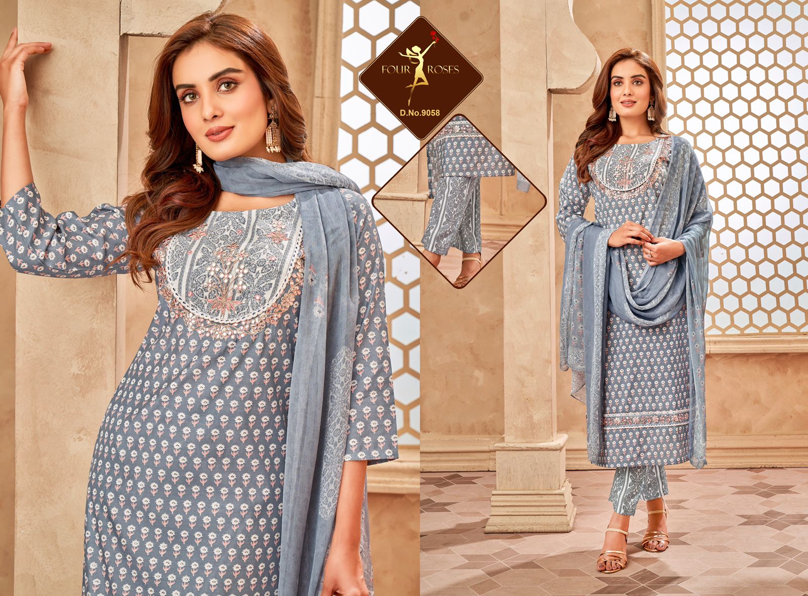 four roses four roses D No 9058 9059 cotton new and modern style top bottom with dupatta catalog