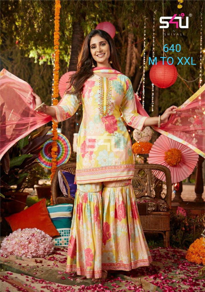 s4u s4u 640 fancy beautiful colour and look top bottom with dupatta size set