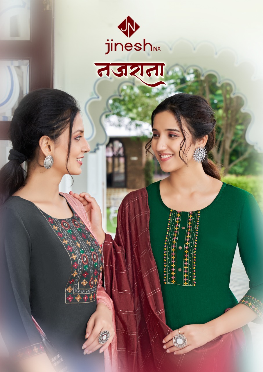 jinesh nx nazrana chinon silk beauiful colours kurti pant with dupatta catalog