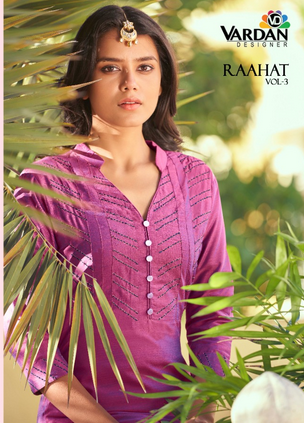 vardan designer raahat vol 3 roman silk elegant look kurti with pant catalog