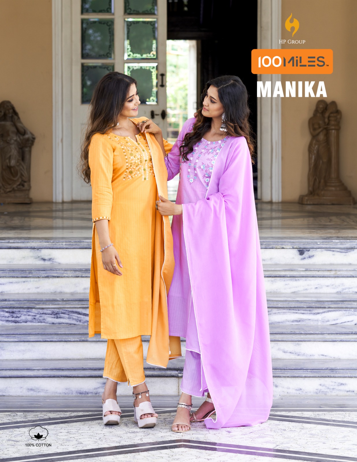 100 miles manika cotton exclusive look top pant with dupatta catalog