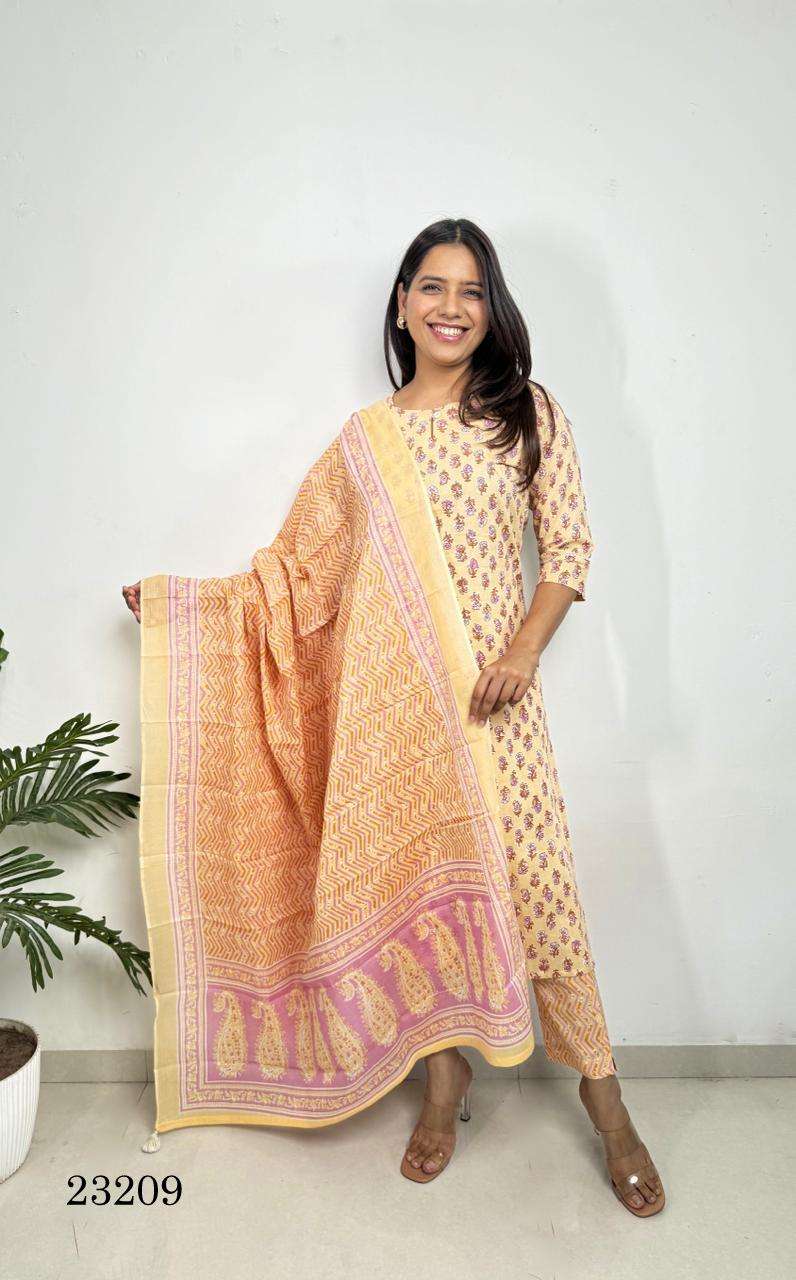 indira d no 23209 cotton cambric innovative look kurti pant dupatta size set