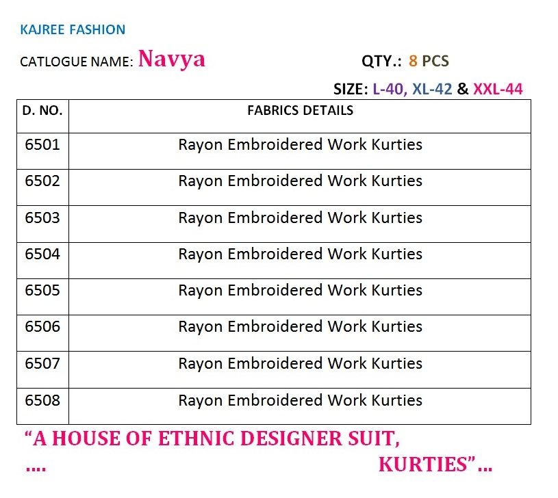 Kajree fashion navya rayon Kurties Collection dealer