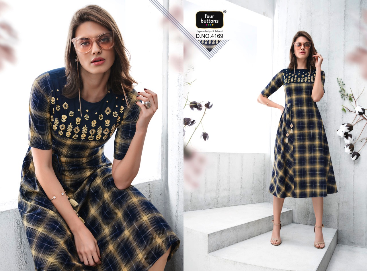 Four buttons presents checks casual ready to wear kurtis concept