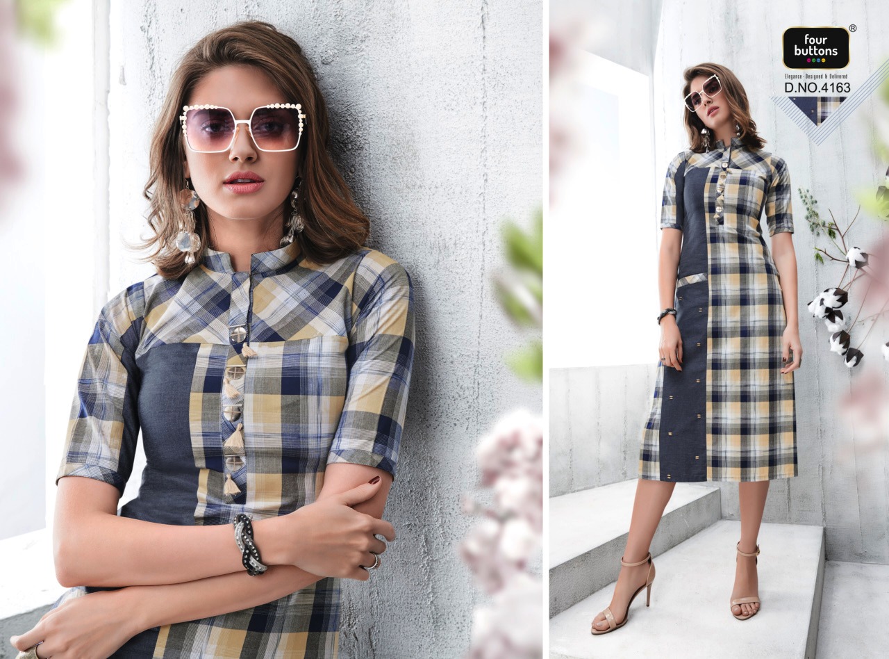 Four buttons presents checks casual ready to wear kurtis concept