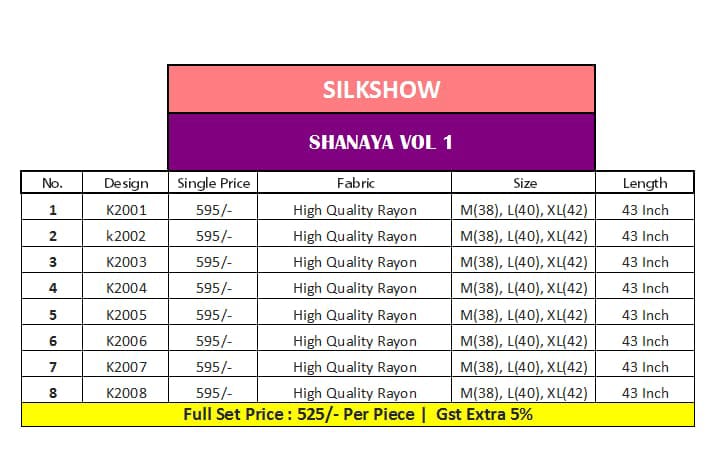 Silkshow presents shanaya vol 1 casual Ready to wear kurtis concept