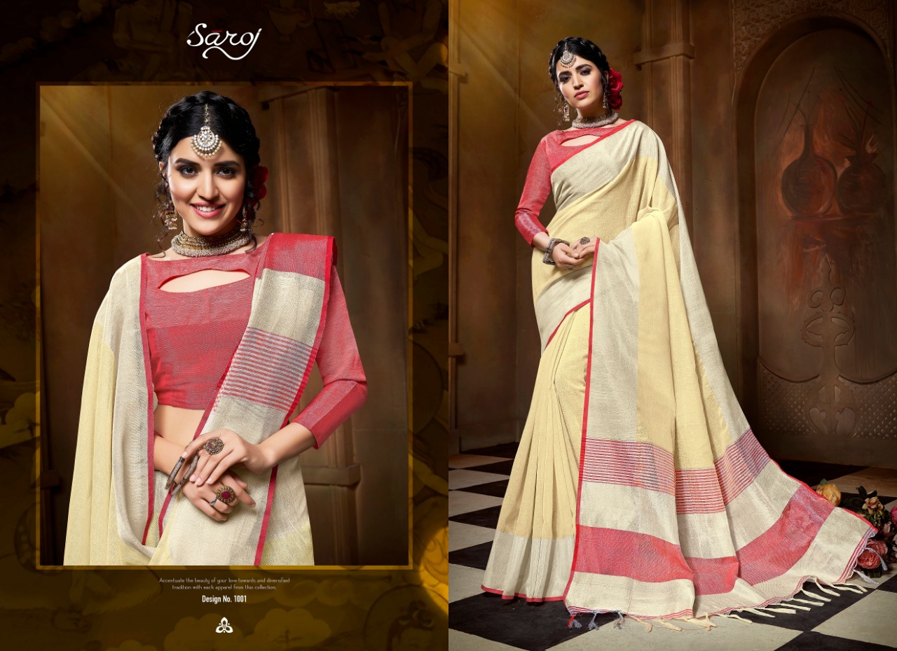 Saroj launch banana stylish party wear linen cotton saree concept