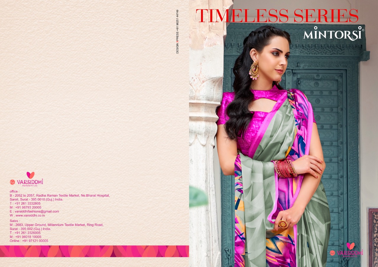 Varsiddhi presenting mintorsi Timeless series fancy casual wear sarees collection