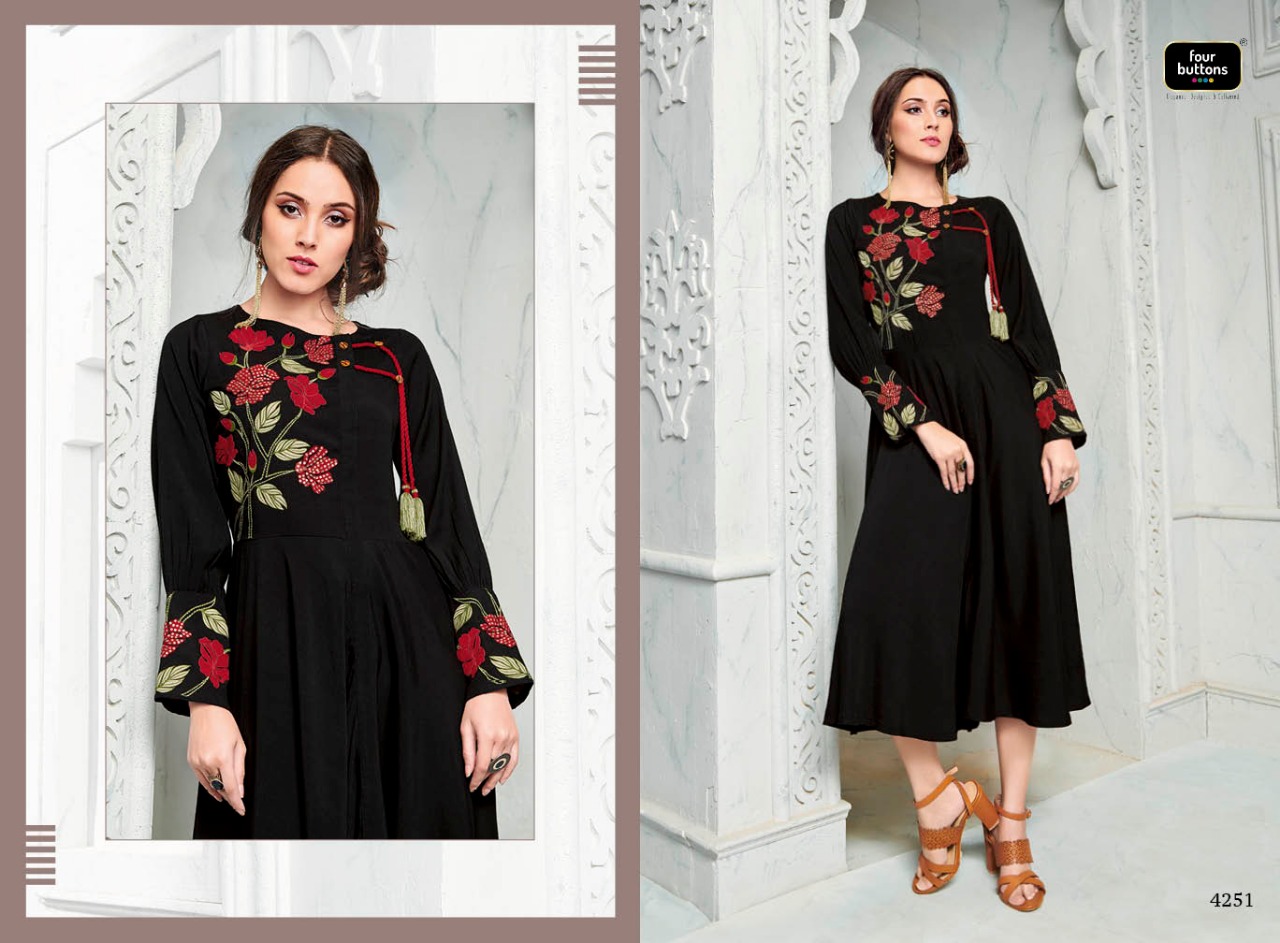Four button four seasons ready party wear long flair Kurties Collection at Wholesale Rate