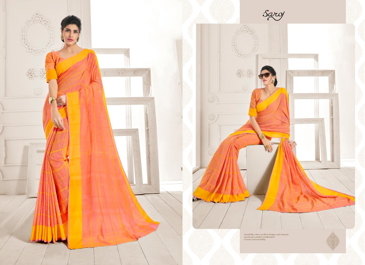 Saroj peach occasional wear bright colours saree catalog at wholesale rate