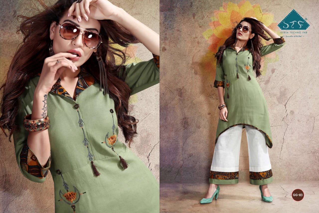 Surat Techno Fab glamour girl embroidered kurti with plazzo Collection At Wholesale Rate