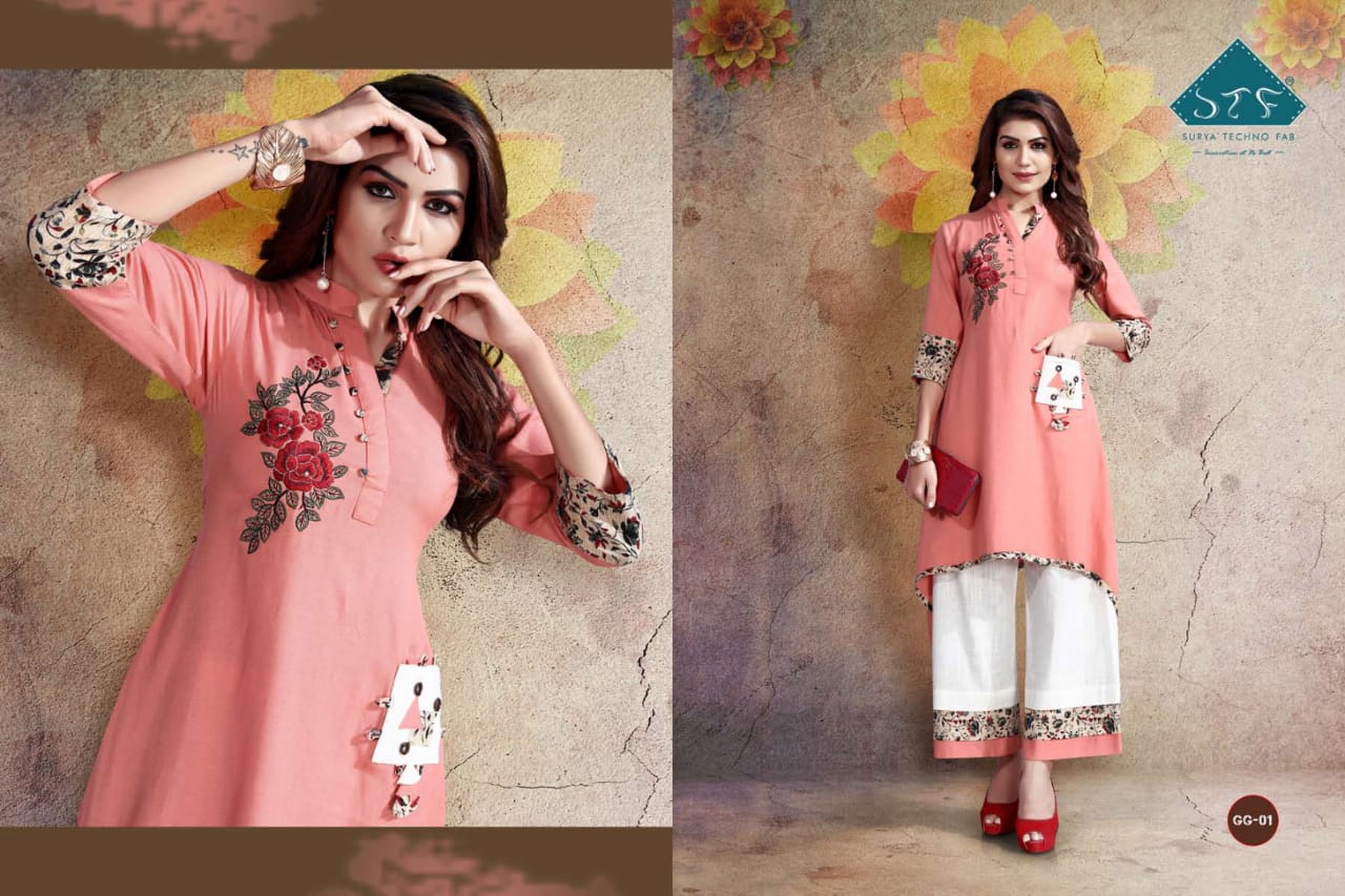 Surat Techno Fab glamour girl embroidered kurti with plazzo Collection At Wholesale Rate