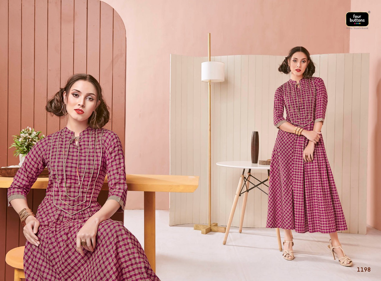 Four buttons hashtag long checks pattern kurties collection