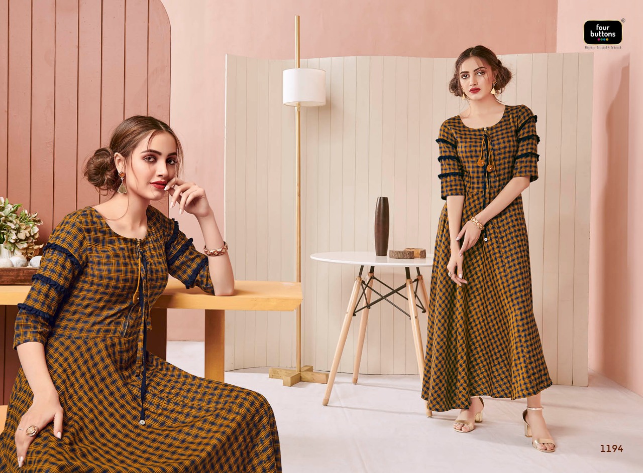 Four buttons hashtag long checks pattern kurties collection