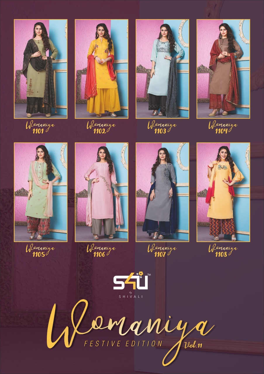S4u by shivali Womaniya vol 11 fancy kurti With plazzo party Wear collection