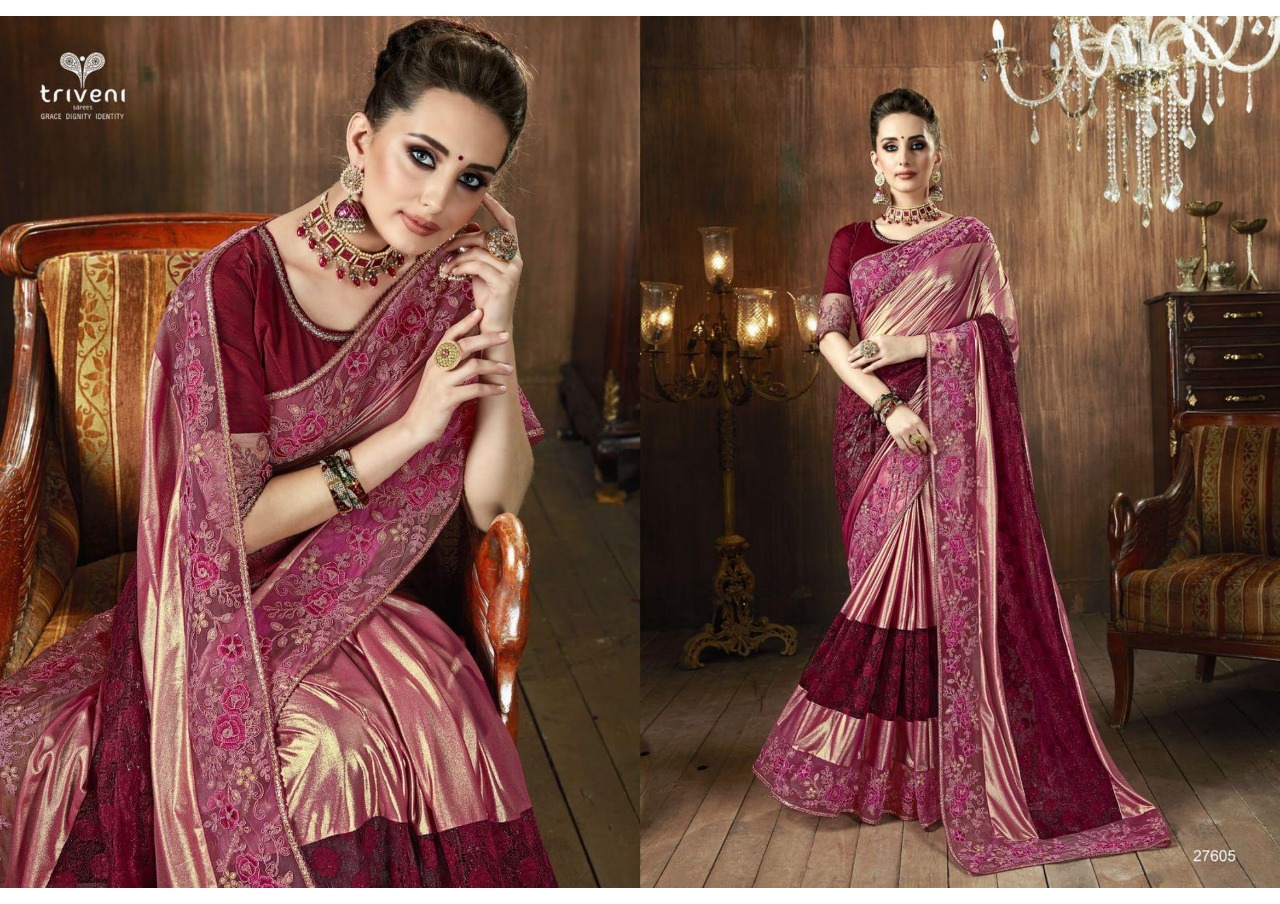 Triveni china fabric Traditional wear beautiful colours sarees collection at wholesale rate