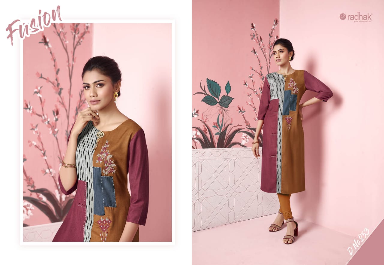 radhak fabrics rukmee 8 colorful fancy collection of kurtos at reasonable rate