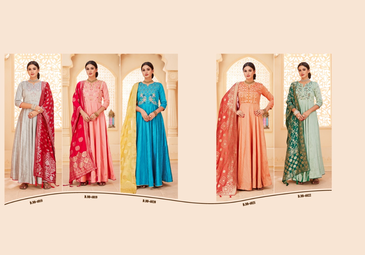 Mrigiya swarna 3 festive wear banarasi dupatta gown collection