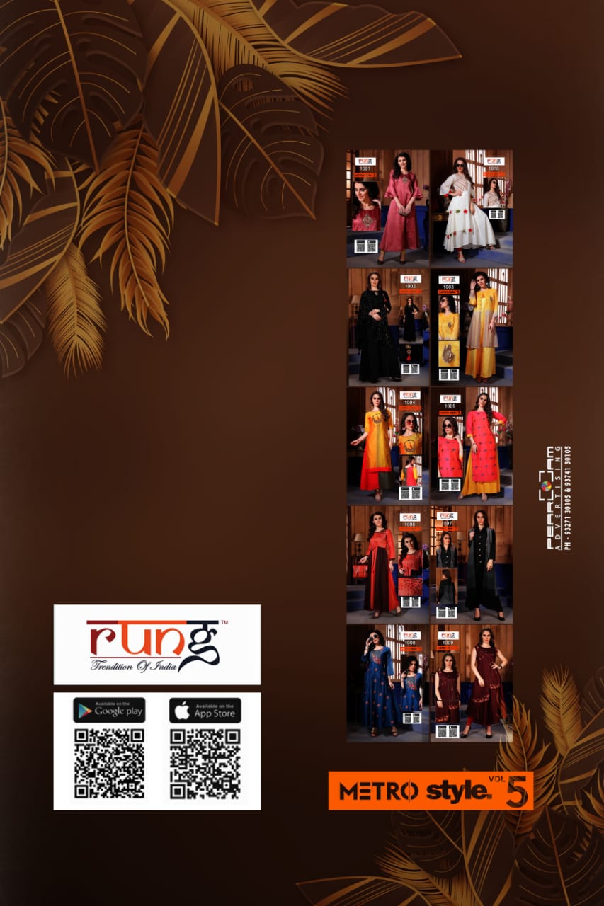 Rung presents metro style vol 5 fancy beautiful party wear kurties collection