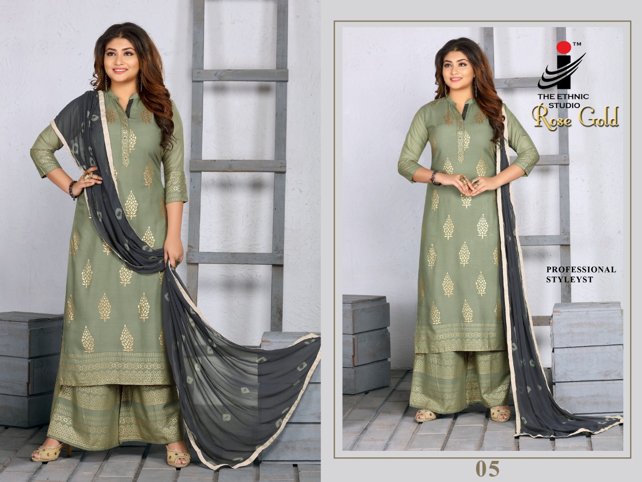 The ethnic studio rose gold printed kurties with plazzo collection