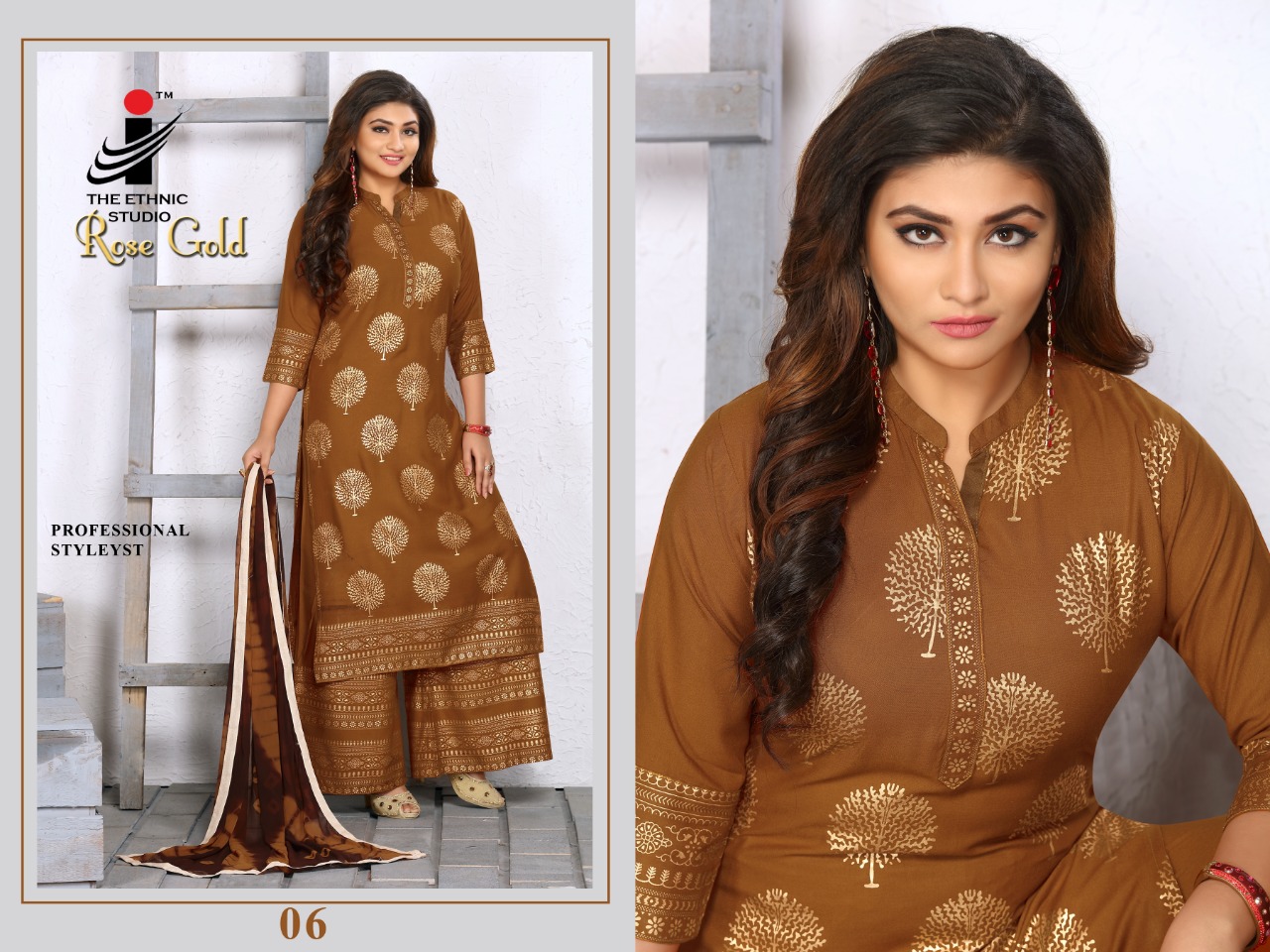 The ethnic studio rose gold printed kurties with plazzo collection