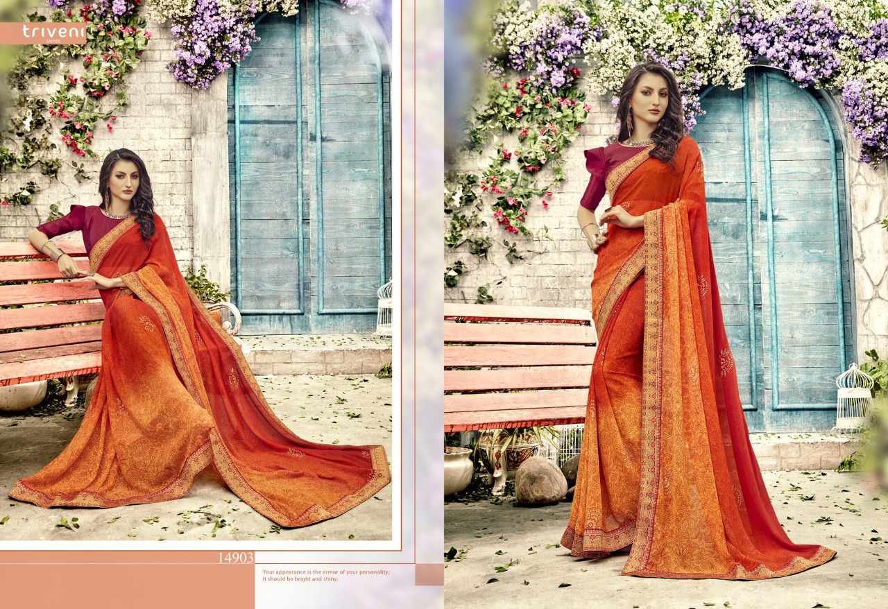 Triveni suraiya Fashionable foil printed sarees collection