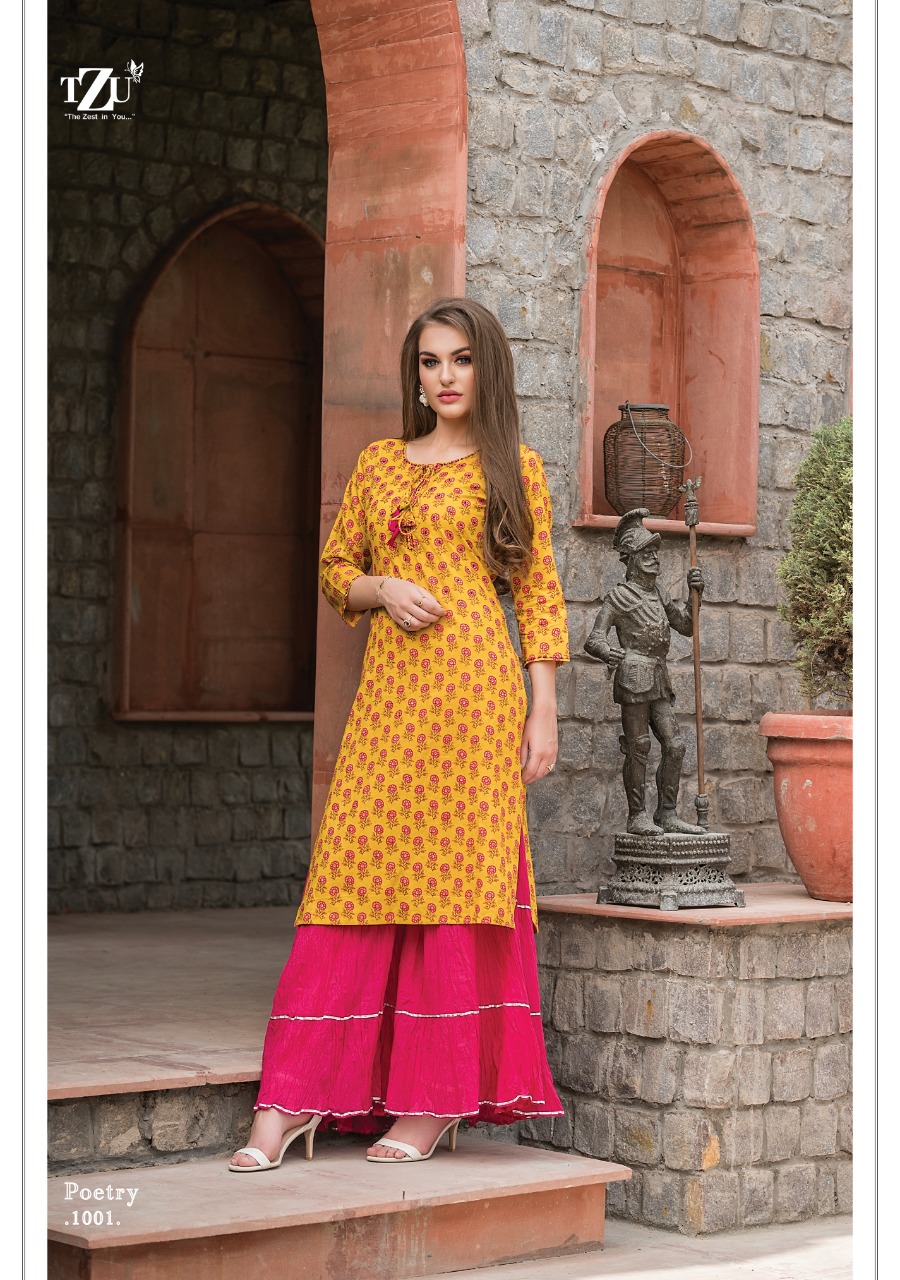 Tzu lifestyle poetry straight kurties with sharara collection at wholesale price