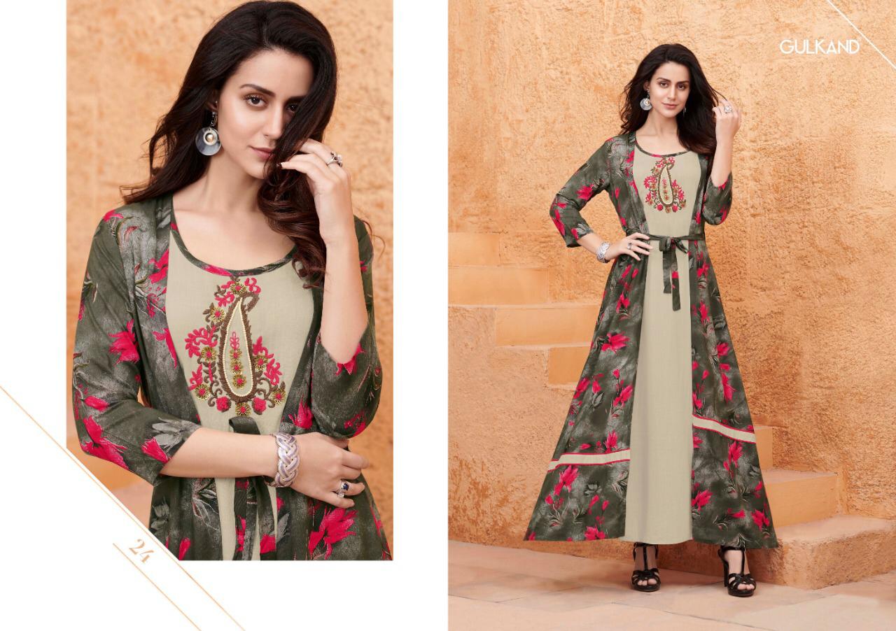 Gulkand designer kitty party long Kurties with jacket outfit