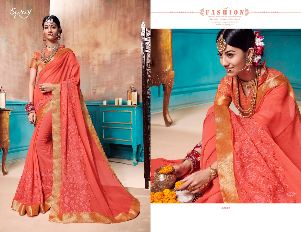 Saroj sunshine elegant chiffon party wear sarees catalog at wholesale rate
