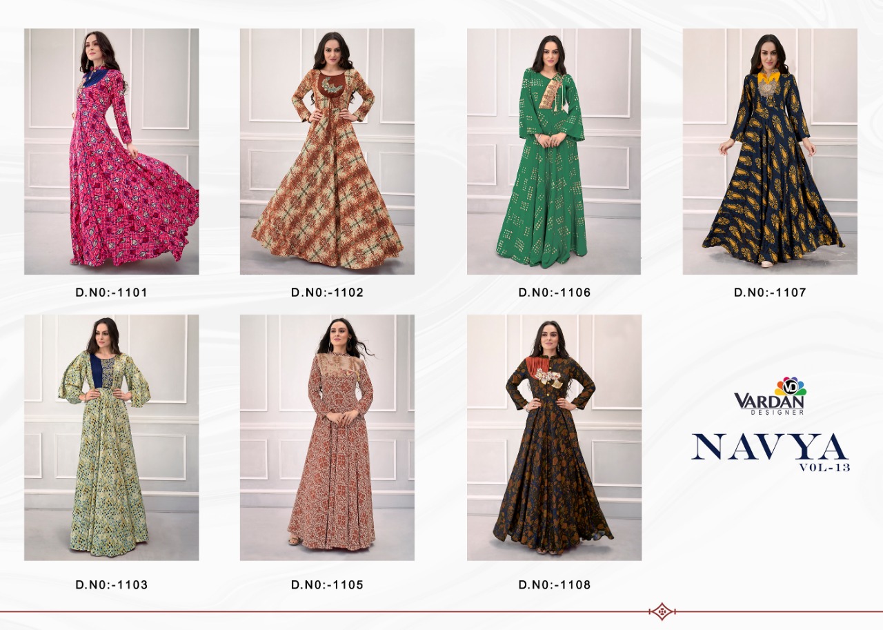 Vardan navya vol 13 rayon printed long gown style kurtis collection