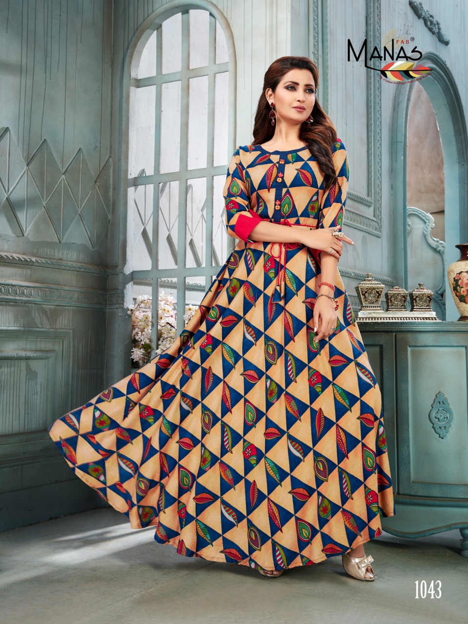 Manas bhakti vol 6 long flair rayon printed gown collection