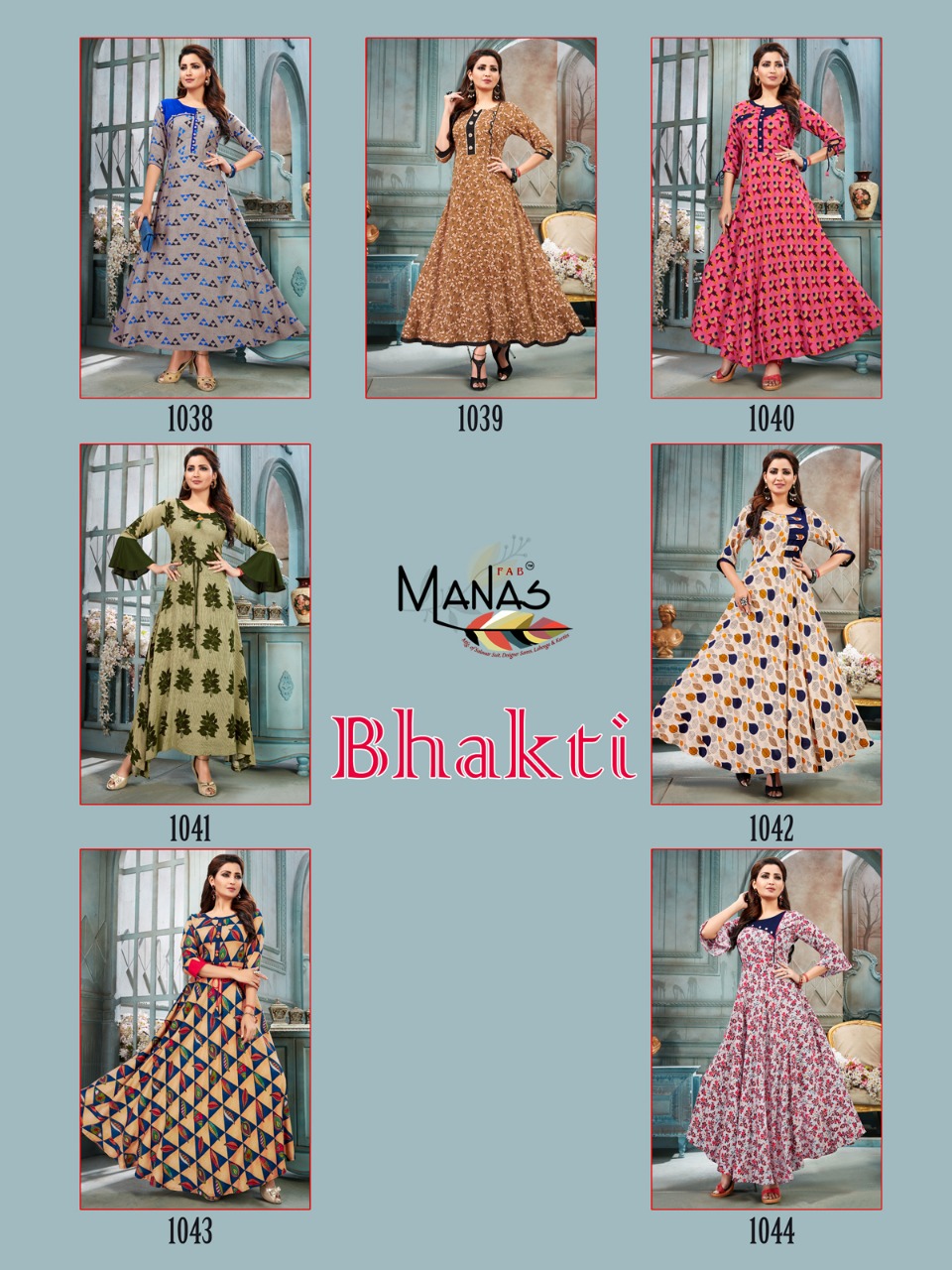 Manas bhakti vol 6 long flair rayon printed gown collection