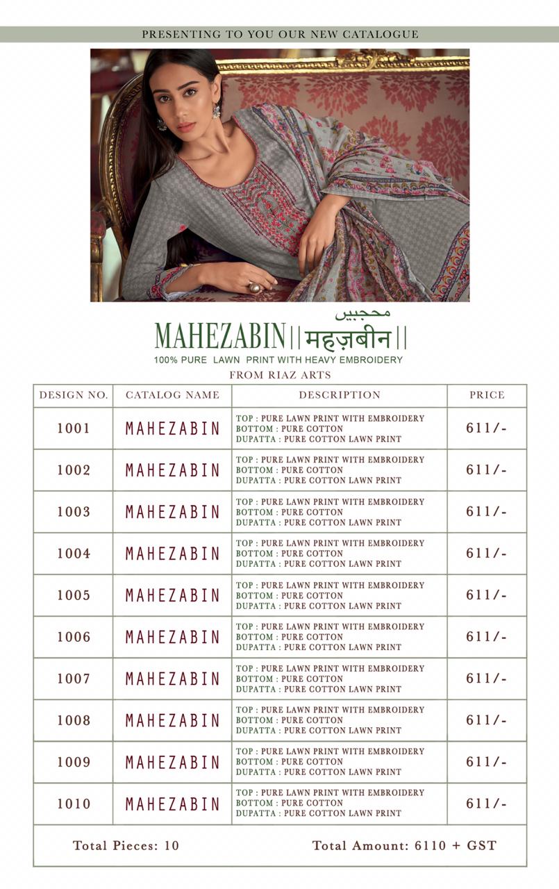 Riaz arts mahezabin embroidered Karachi printed cotton salwar kameez collection