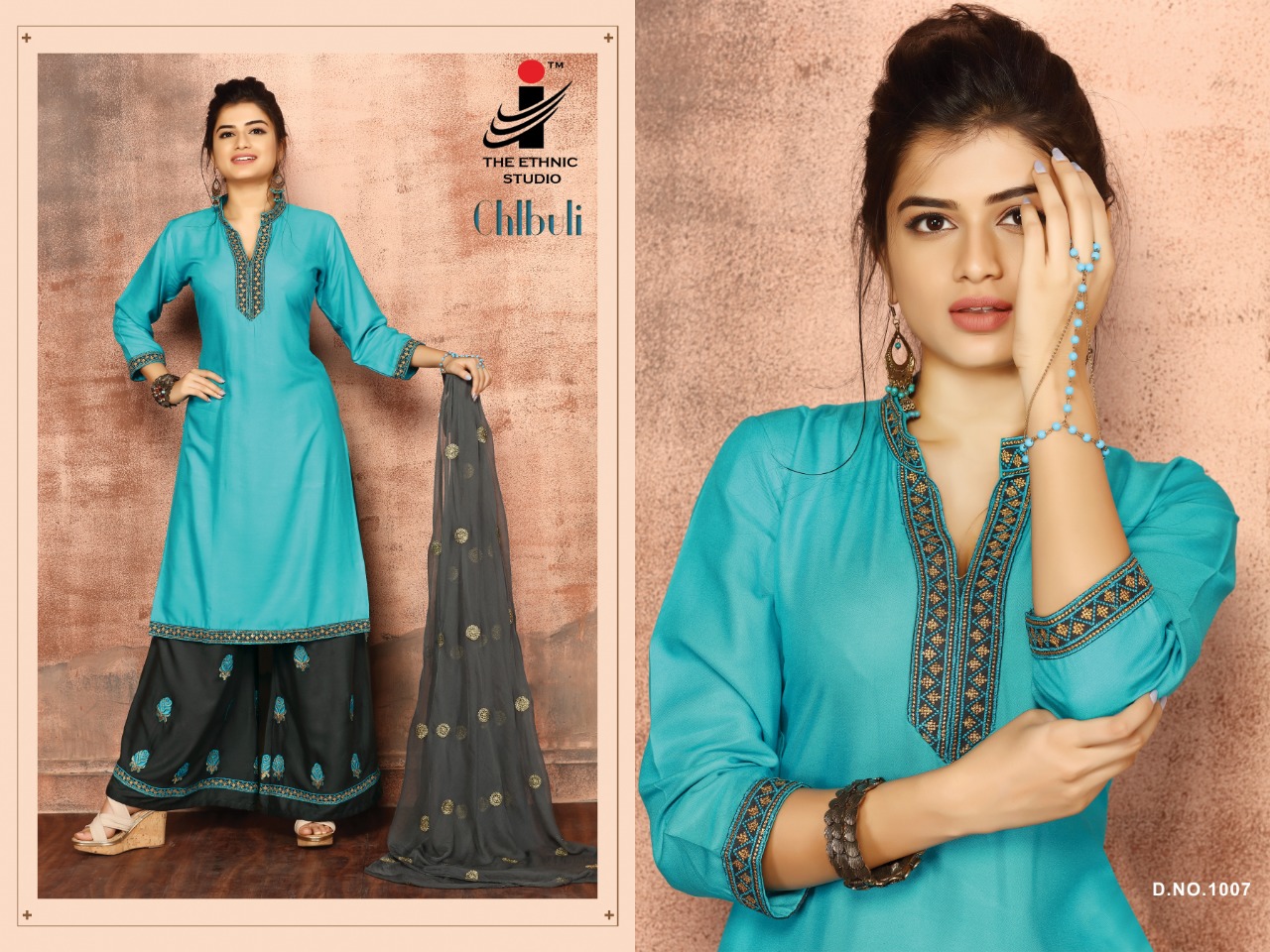 The ethnic studio chlbhuli heavy rayon top with embroidered plazzo collection