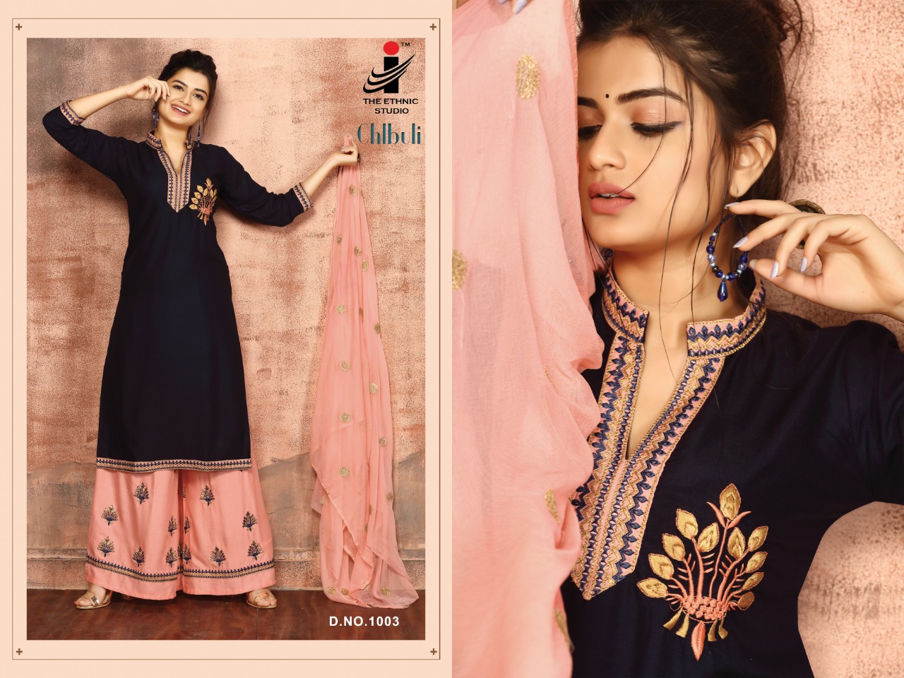 The ethnic studio chlbhuli heavy rayon top with embroidered plazzo collection
