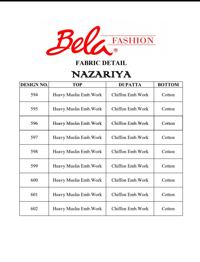 Bela fashion nazariya designer salwar suits Material