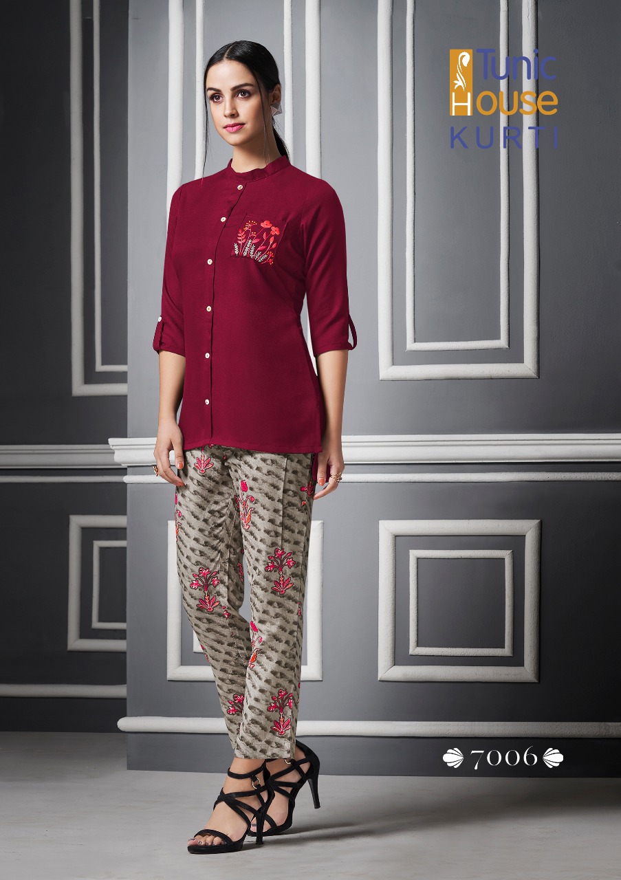 Tunic house samara with pant rayon embroidered kurti pant catalog